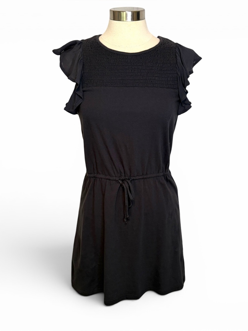 NWT CHASER Georgette Kennedy Smocked Ruffle Sleeve Boho Mini‎ Dress Black, Small